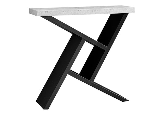 Modern console table with a gray speckled faux marble top and black metal geometric base