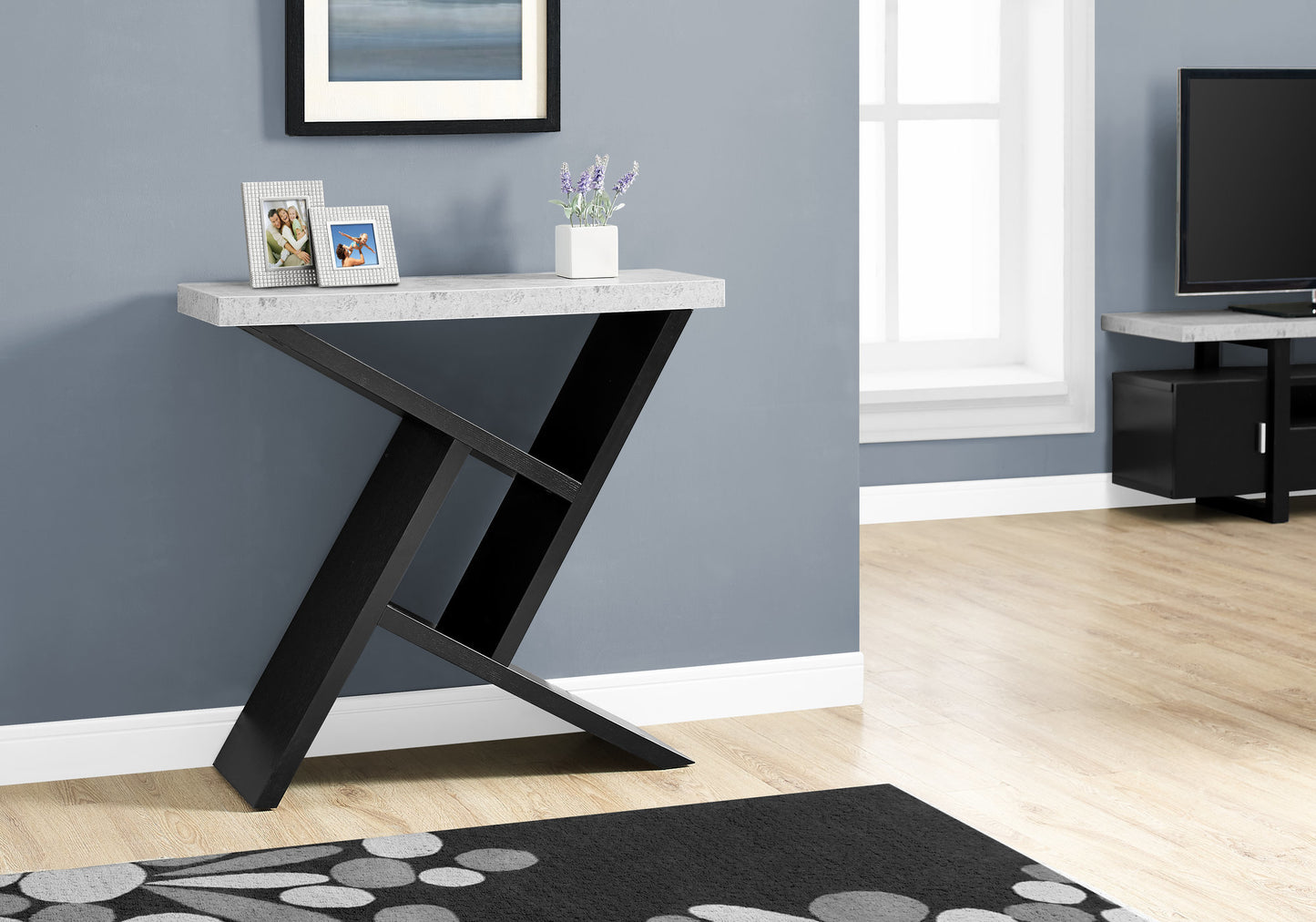 Modern concrete top console table with black geometric metal legs