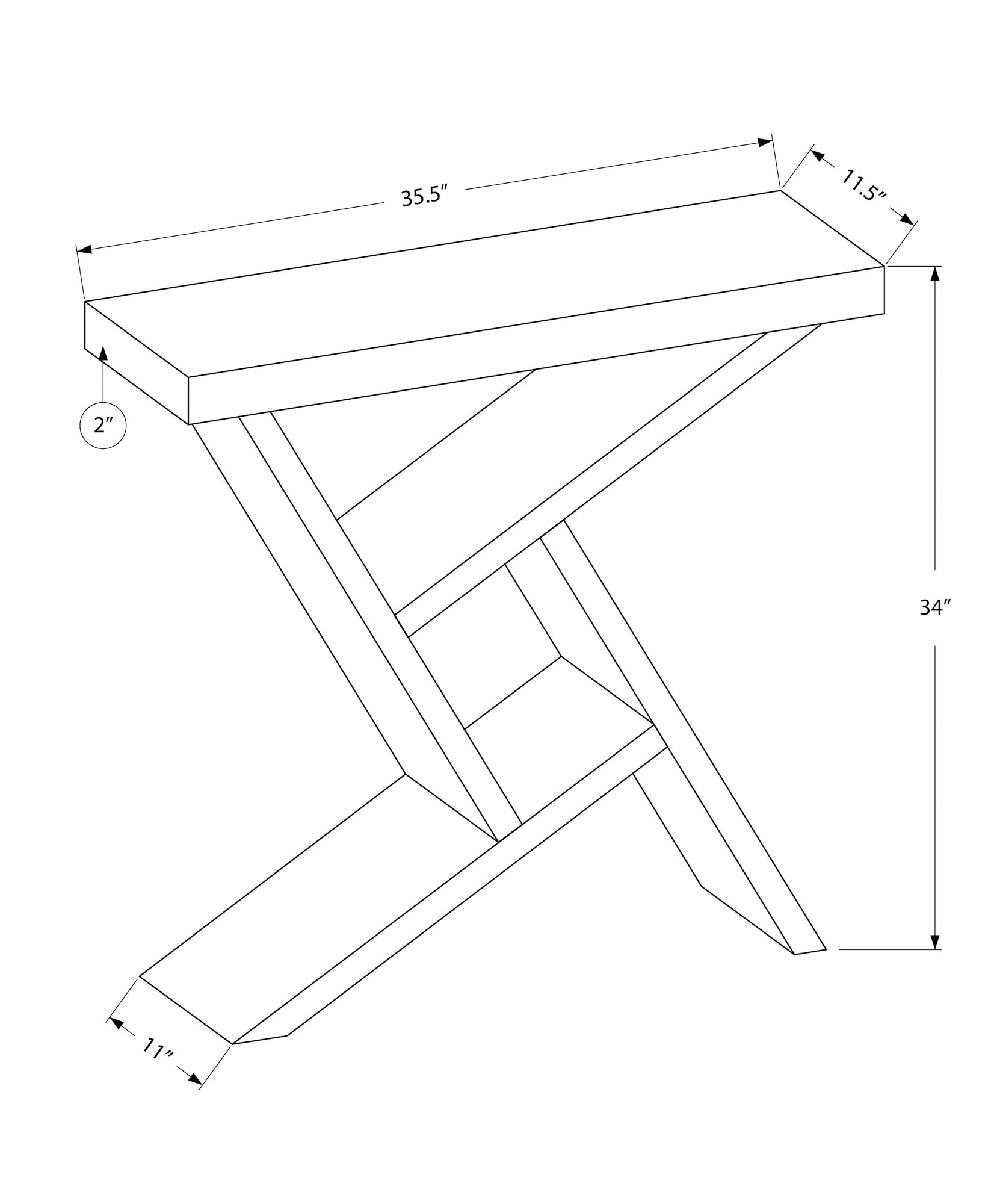 Line drawing of a narrow console table  inches long with a modern Xshaped base