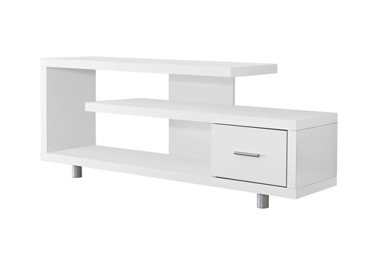 Modern white TV stand with open shelves and one drawer