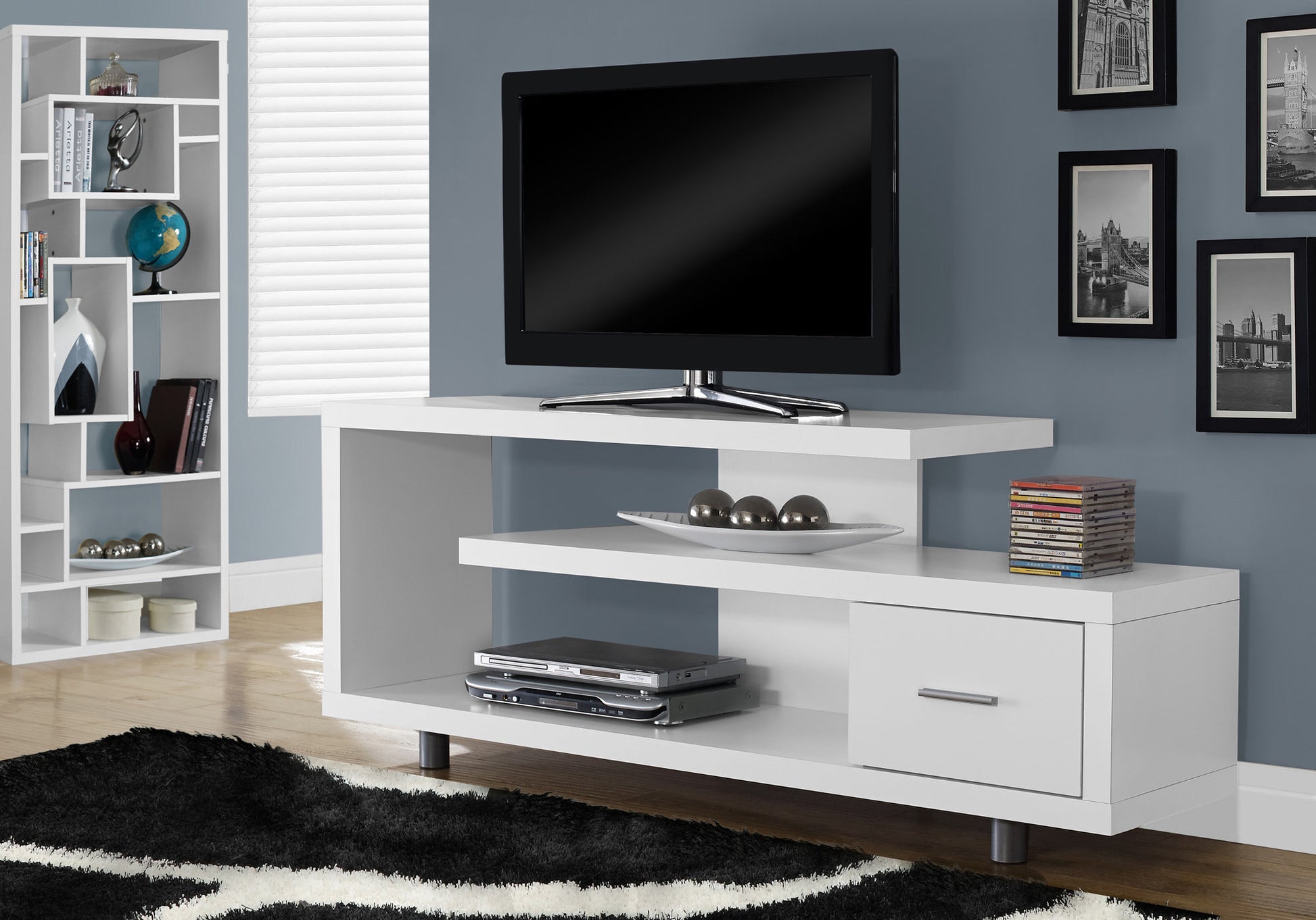 Modern white TV stand with media console shelf and drawer