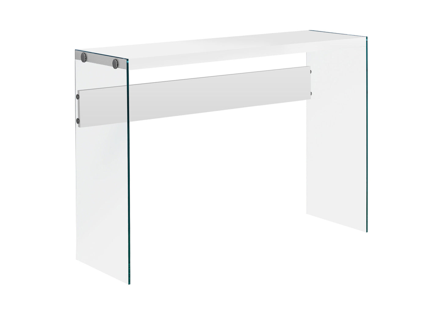Modern white console table with clear tempered glass legs and silver hardware accents