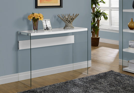 Sleek white console table with clear glass legs and chrome accents for modern living rooms