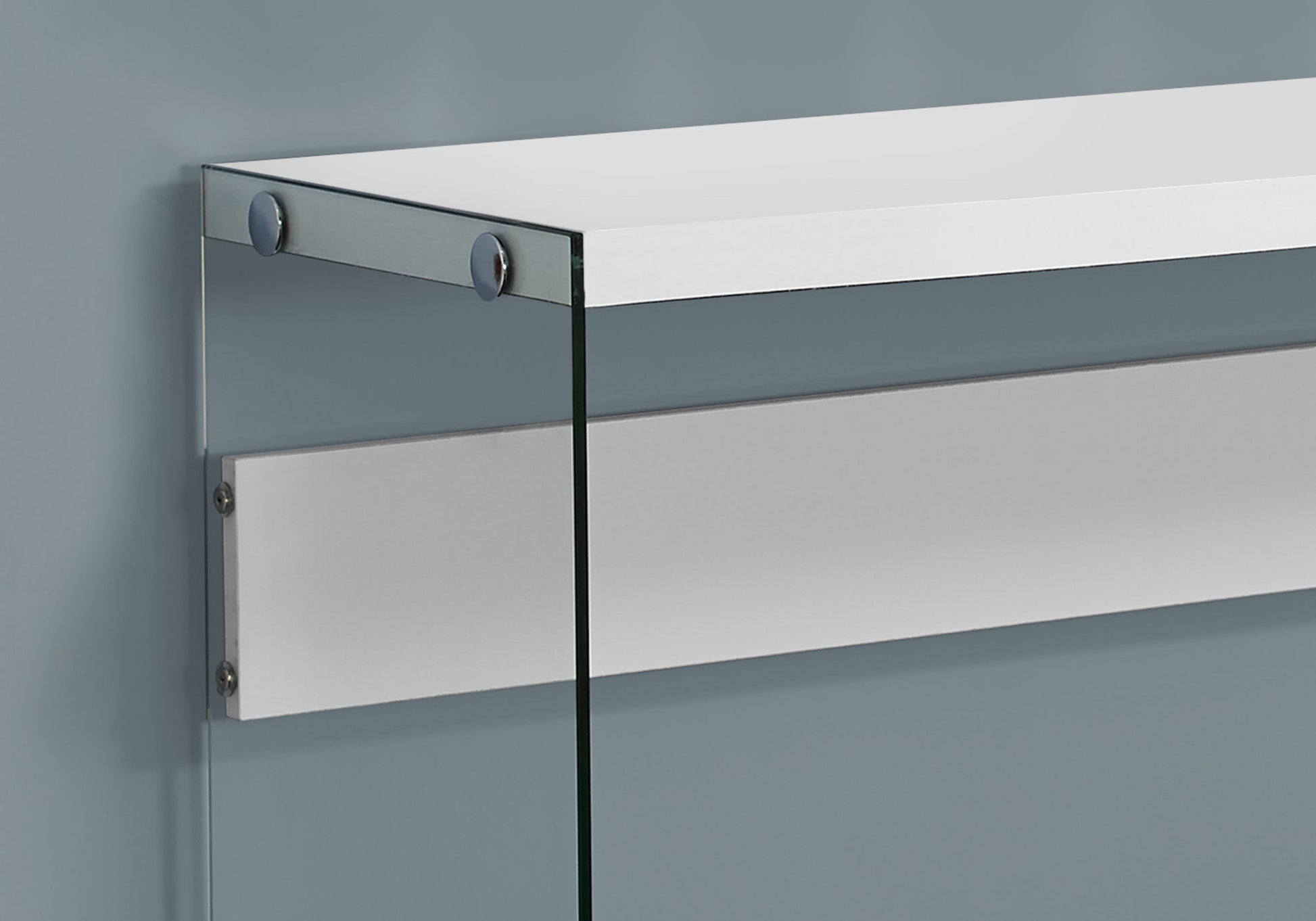 Modern white wall shelf with sleek glass support and chrome fixtures