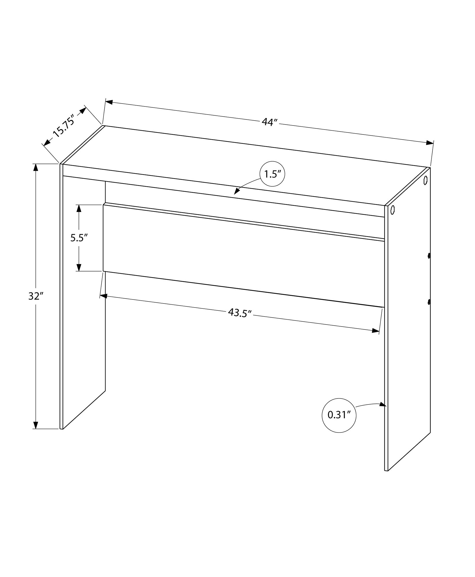 Console table technical drawing showing dimensions  W x  D x  H