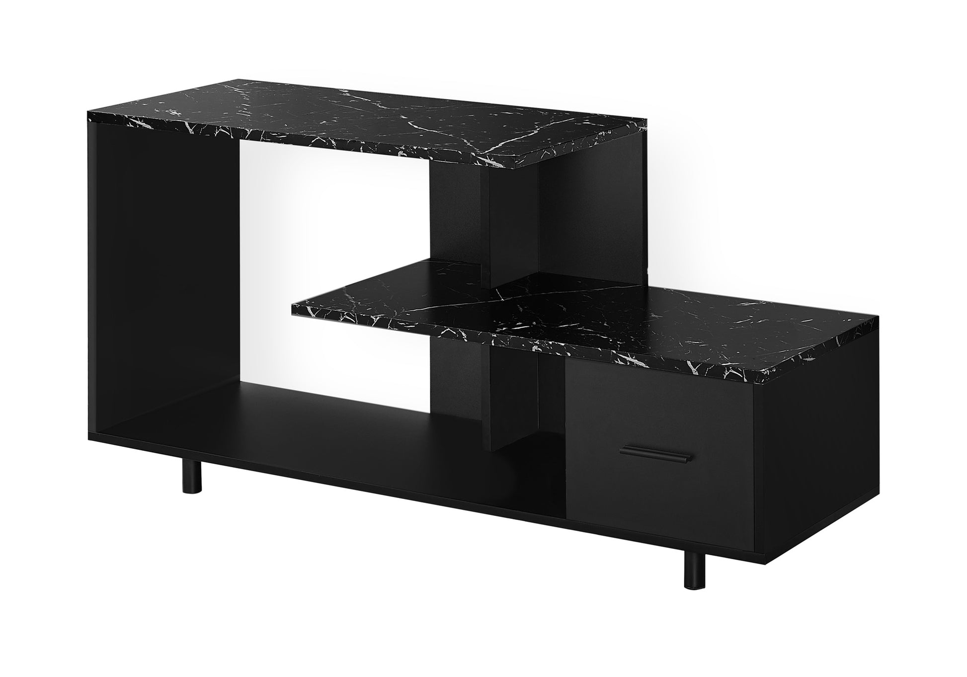 Modern black TV stand with white marble top shelves and a matte black cabinet