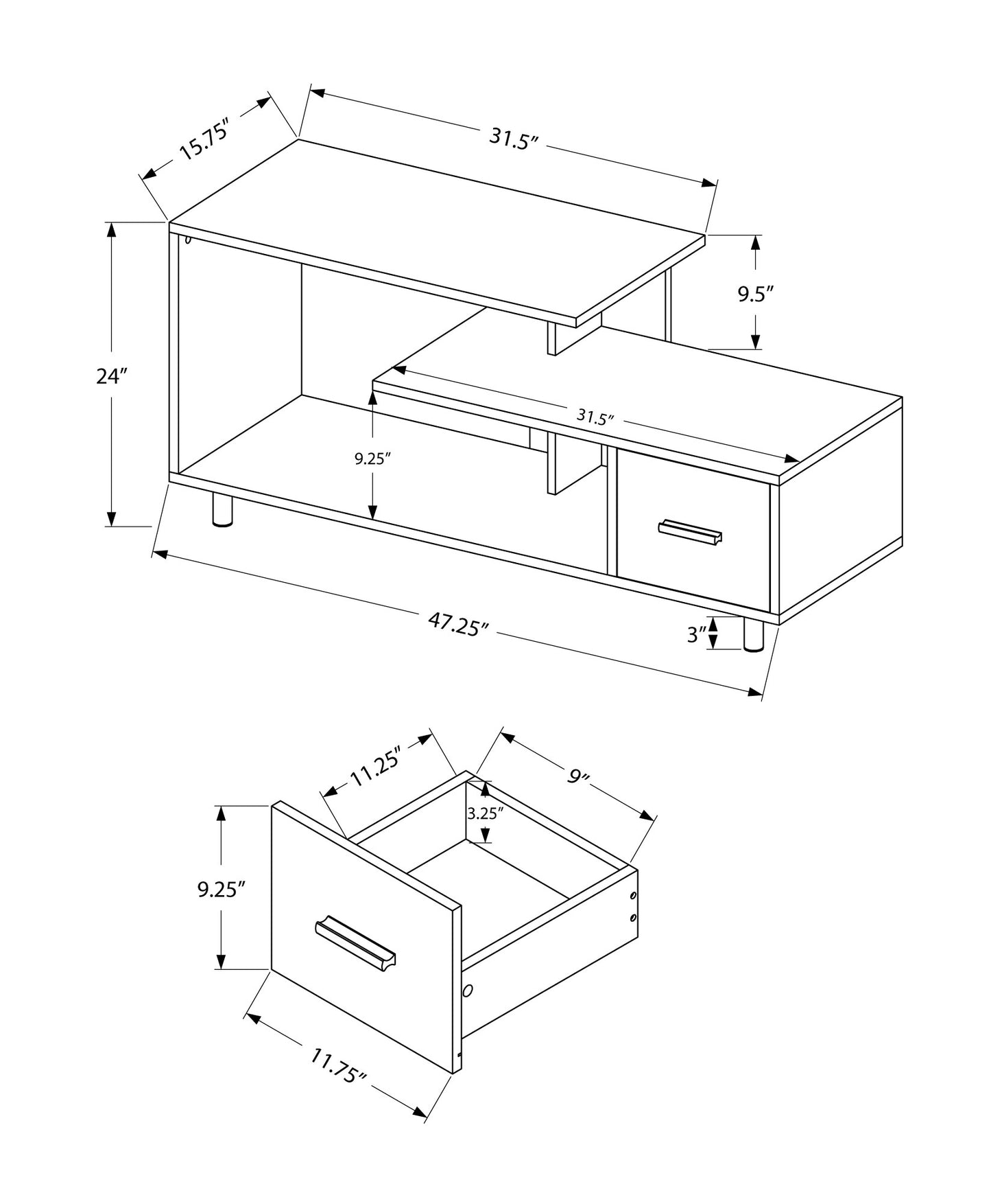 Detailed line drawing of a modern TV stand with dimensions  W x  H x  D