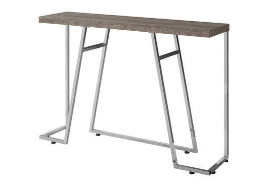 Modern gray wood top console table with polished chrome angular legs