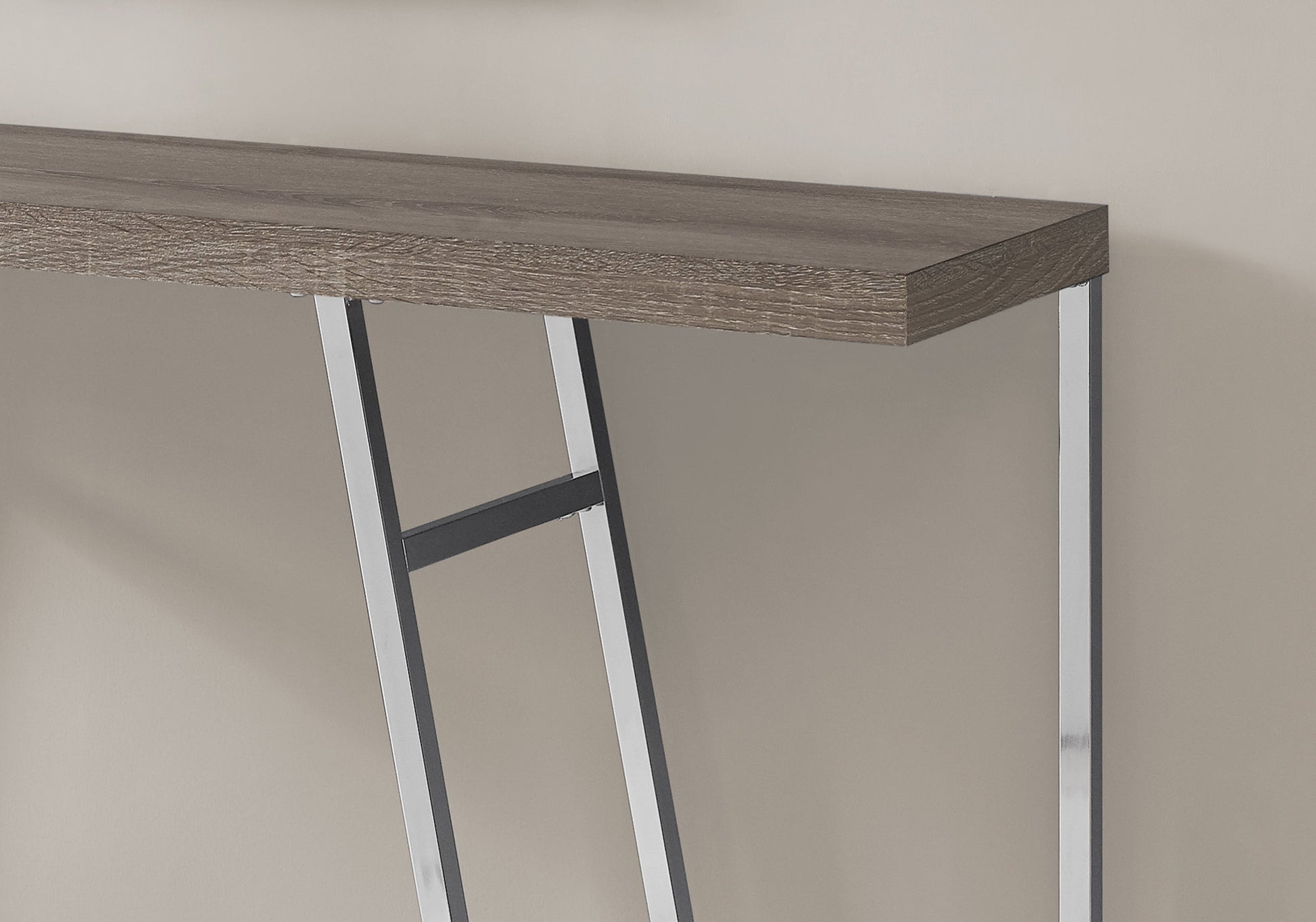 Modern console table with distressed wood top and chrome legs