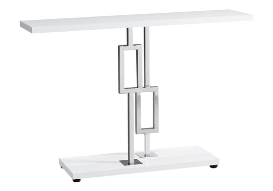 Sleek white console table with geometric chrome legs perfect for entryway decor