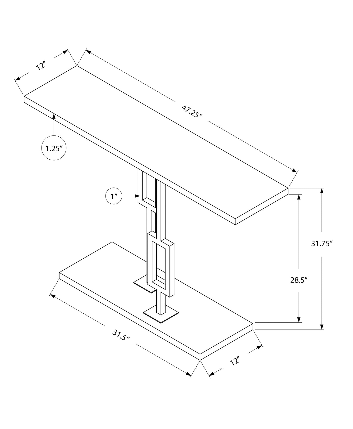 Line drawing of a contemporary console table with dimensions  L x  W x  H