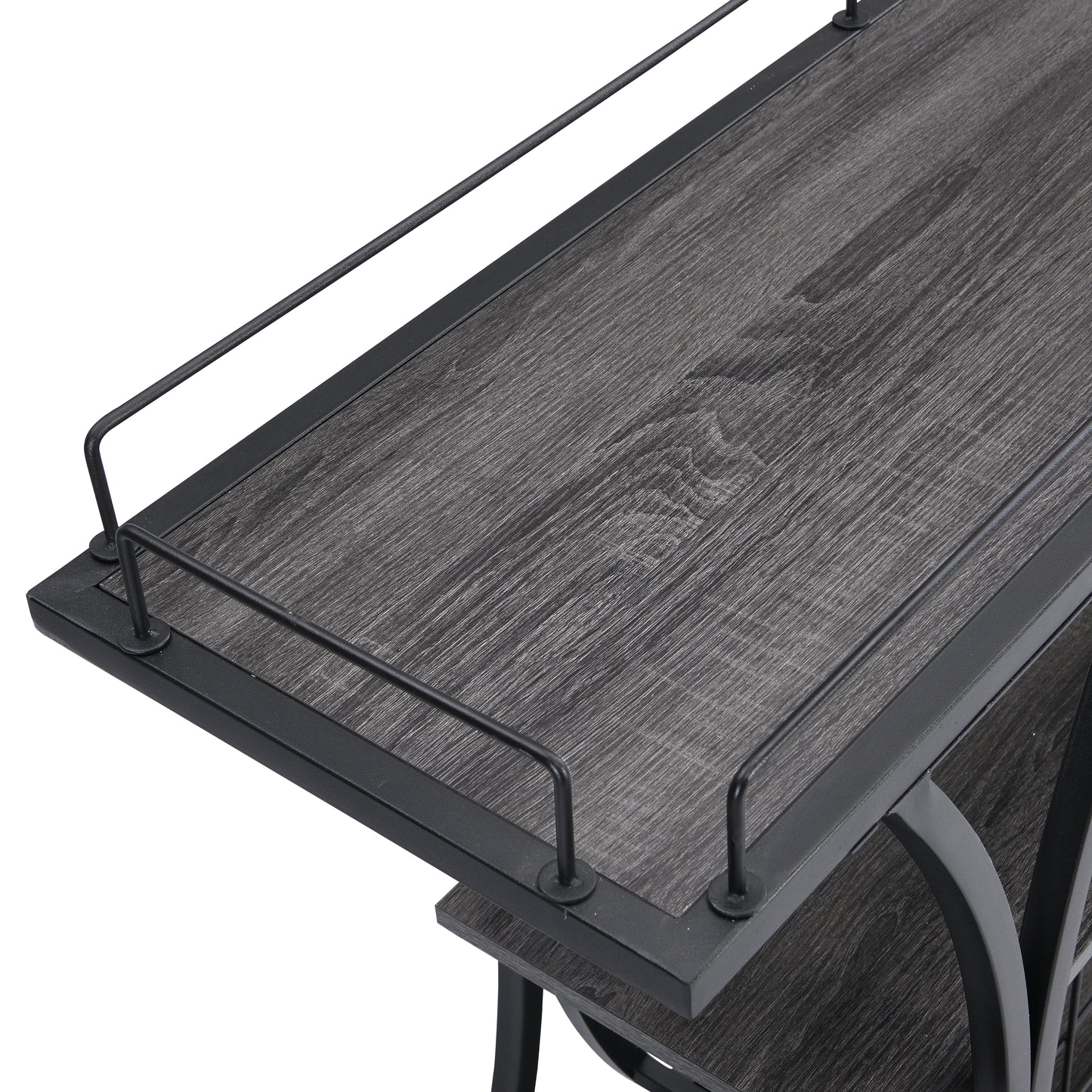 Rustic gray wood grain bar cart with black metal frame