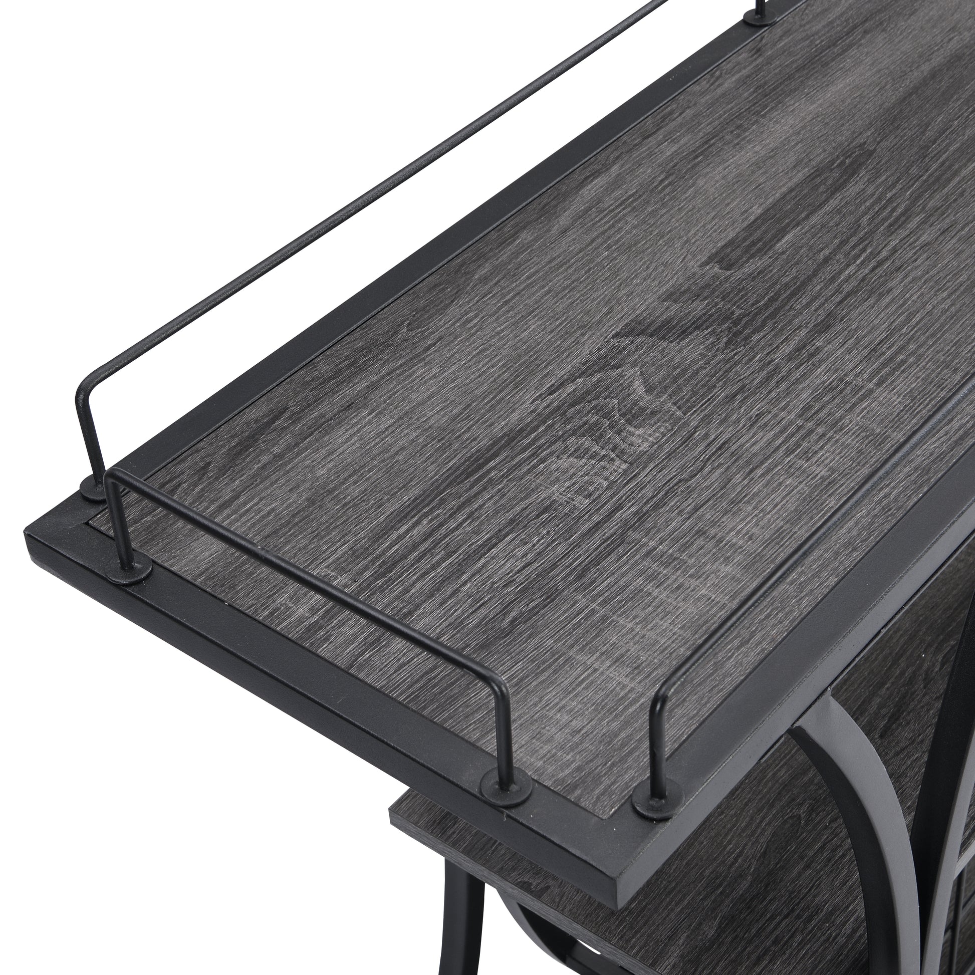 Rustic gray wood grain bar cart with black metal frame