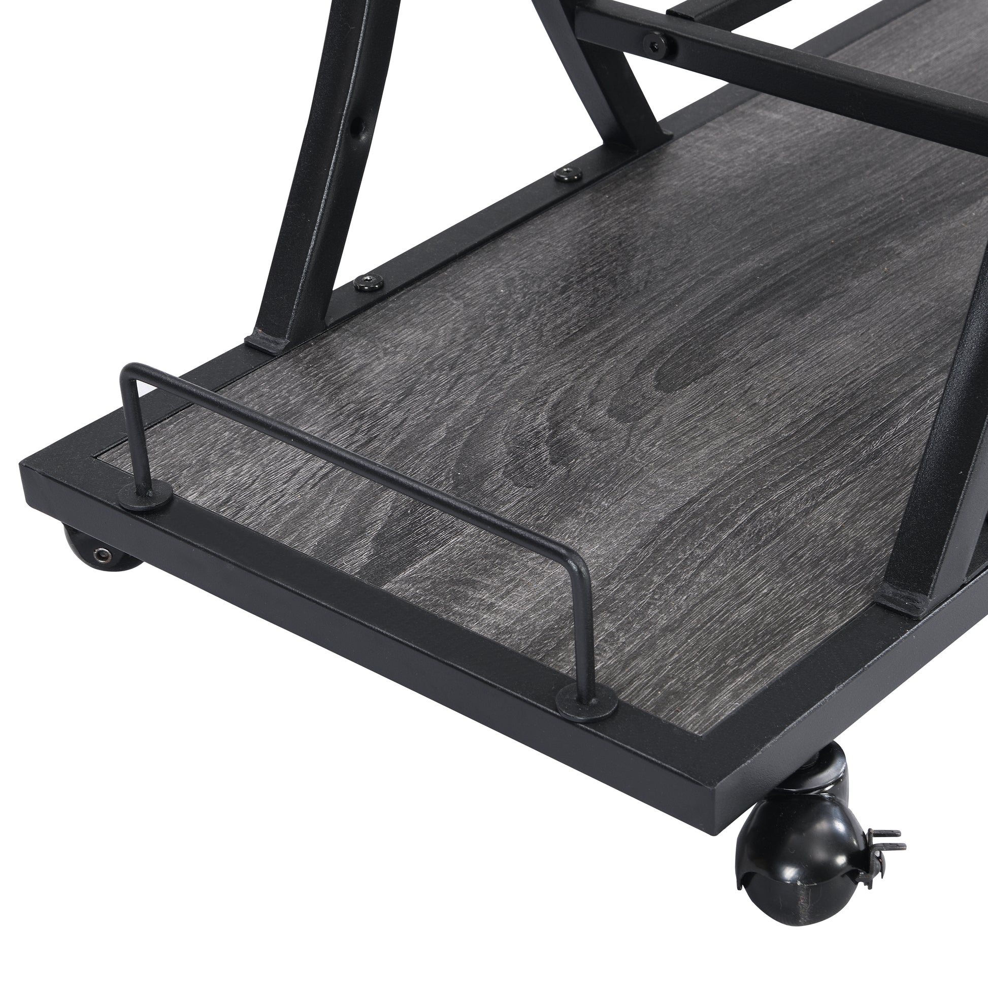 Black metal bar cart with weathered gray wood shelves and rolling casters