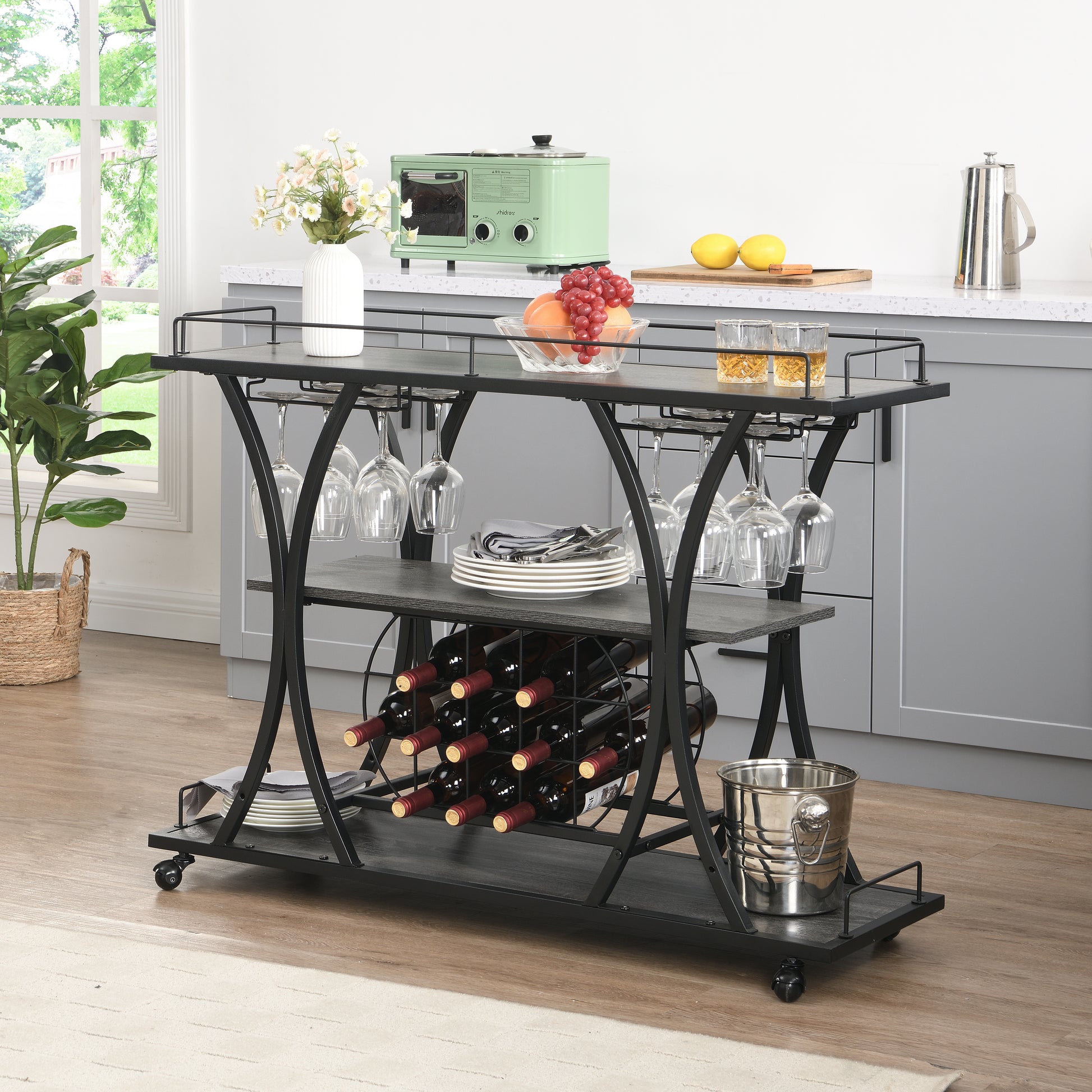 Rustic wood and metal bar cart with wine rack and glass holders