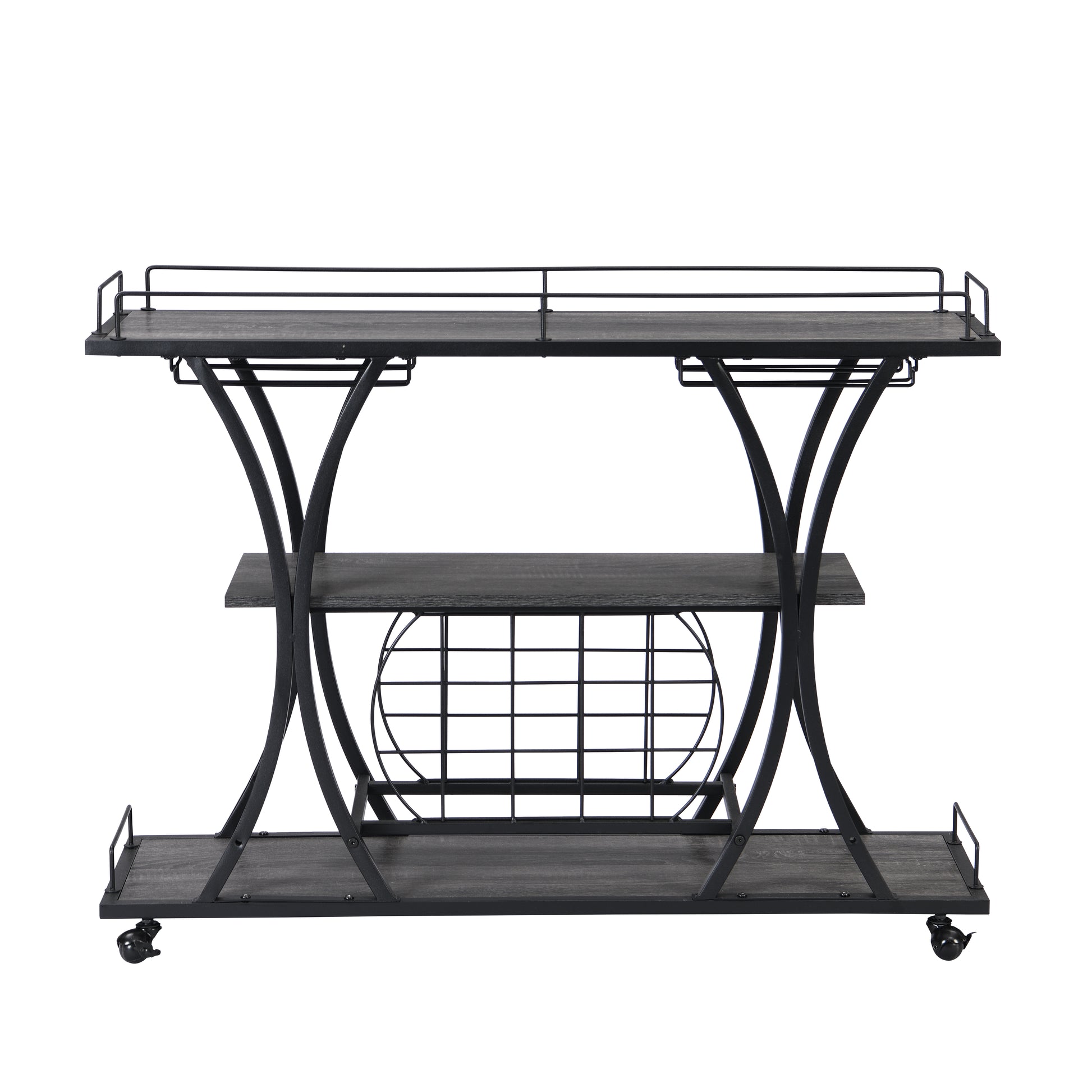 Industrial style bar cart with dark wood shelves and black metal frame