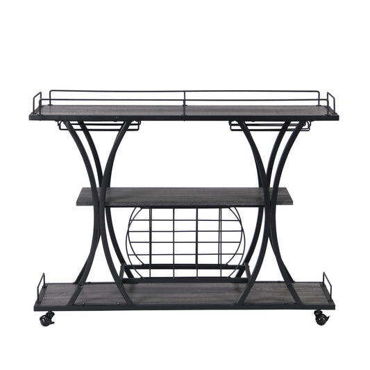 Industrial style bar cart with dark wood shelves and black metal frame
