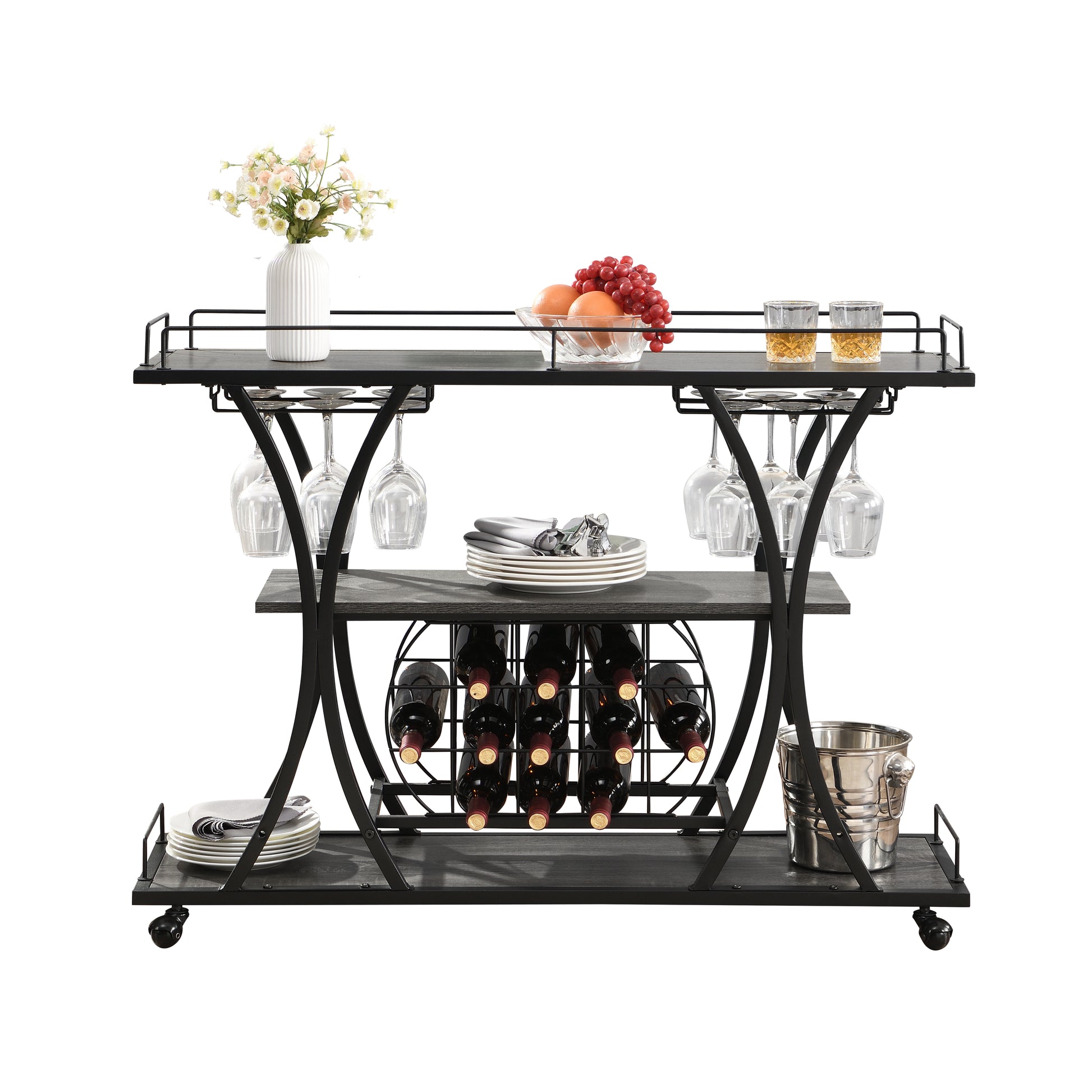 Black metal bar cart with grey wood finish shelves and wine racks