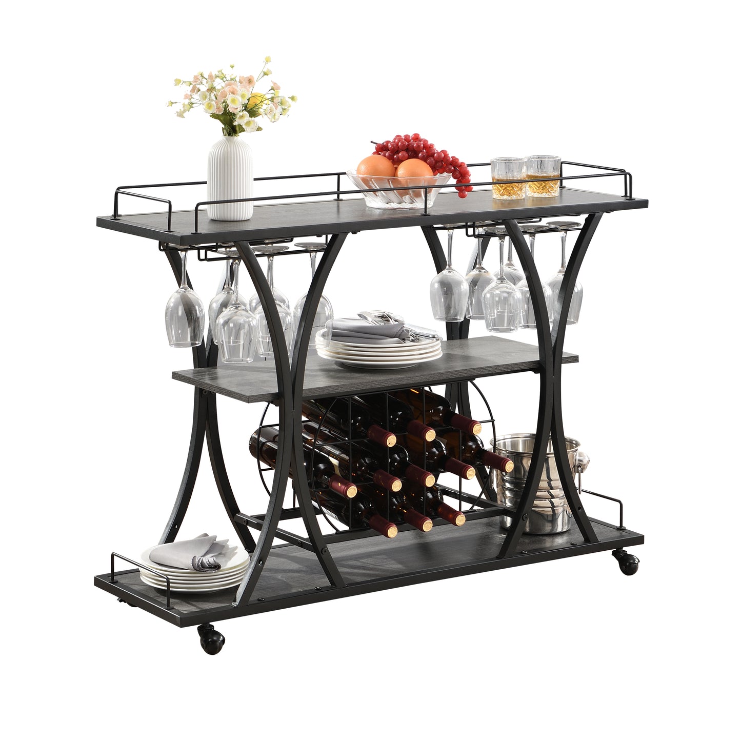 Industrial bar cart with black metal frame grey wood shelves and wine rack