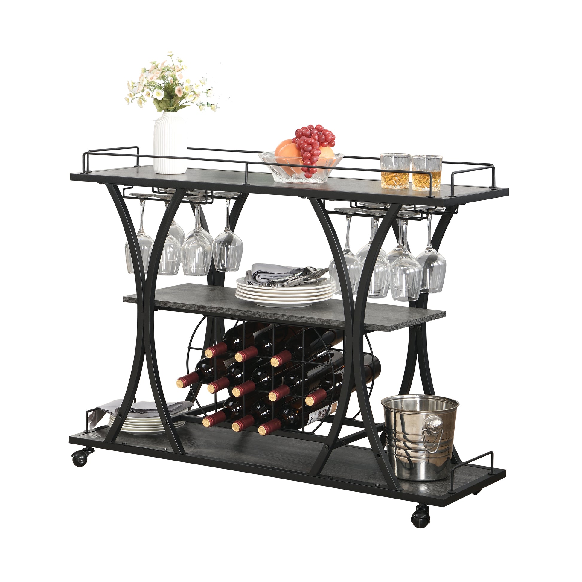 Black metal bar cart with wine rack and glass holders