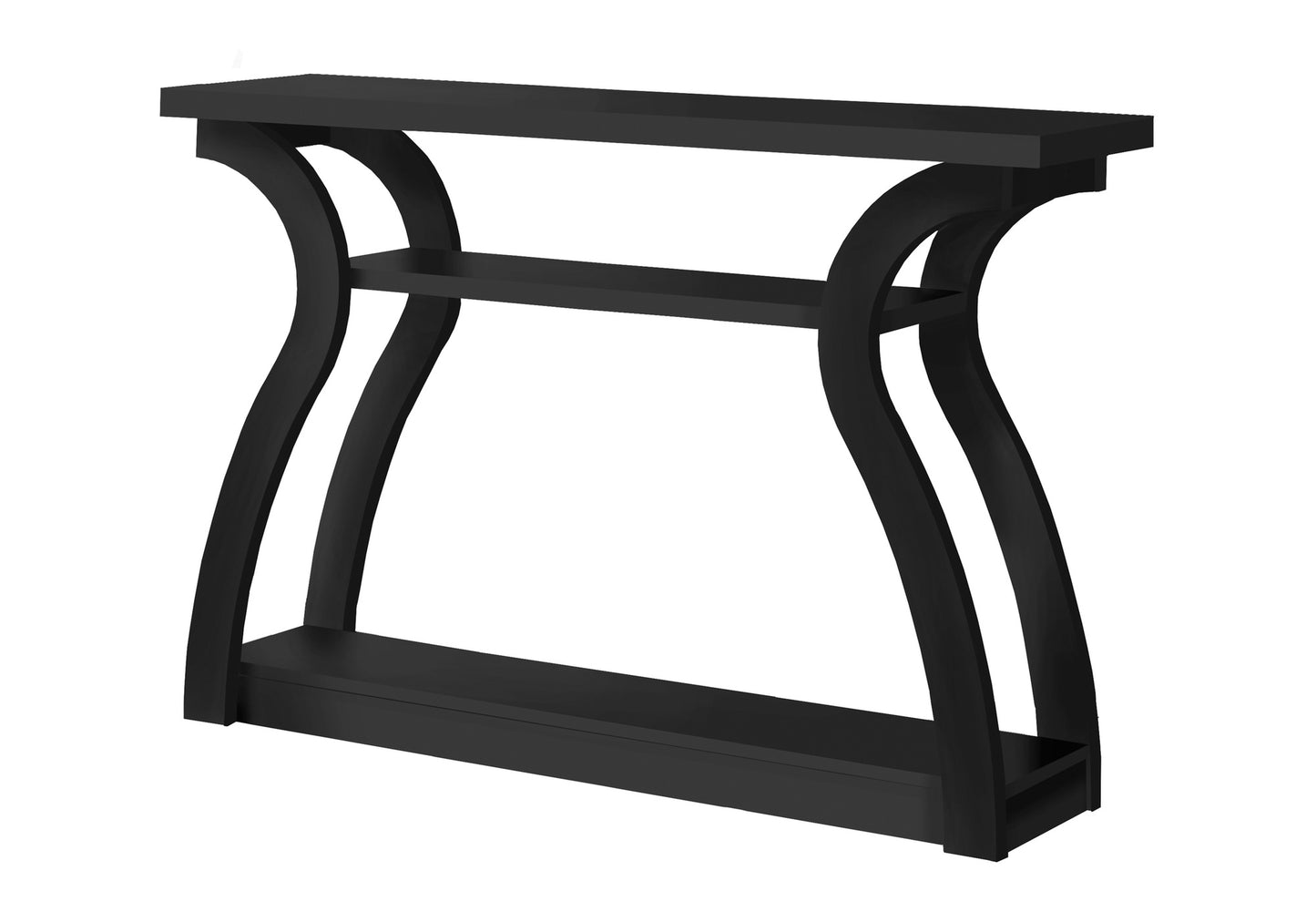 Sleek black console table with unique Sshaped legs and two shelves for stylish entryway decor