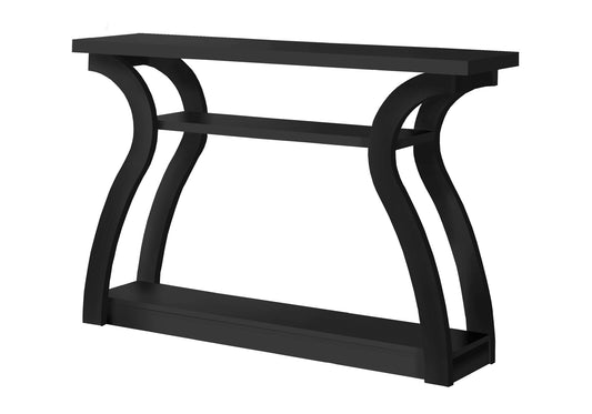 Sleek black console table with unique Sshaped legs and two shelves for stylish entryway decor