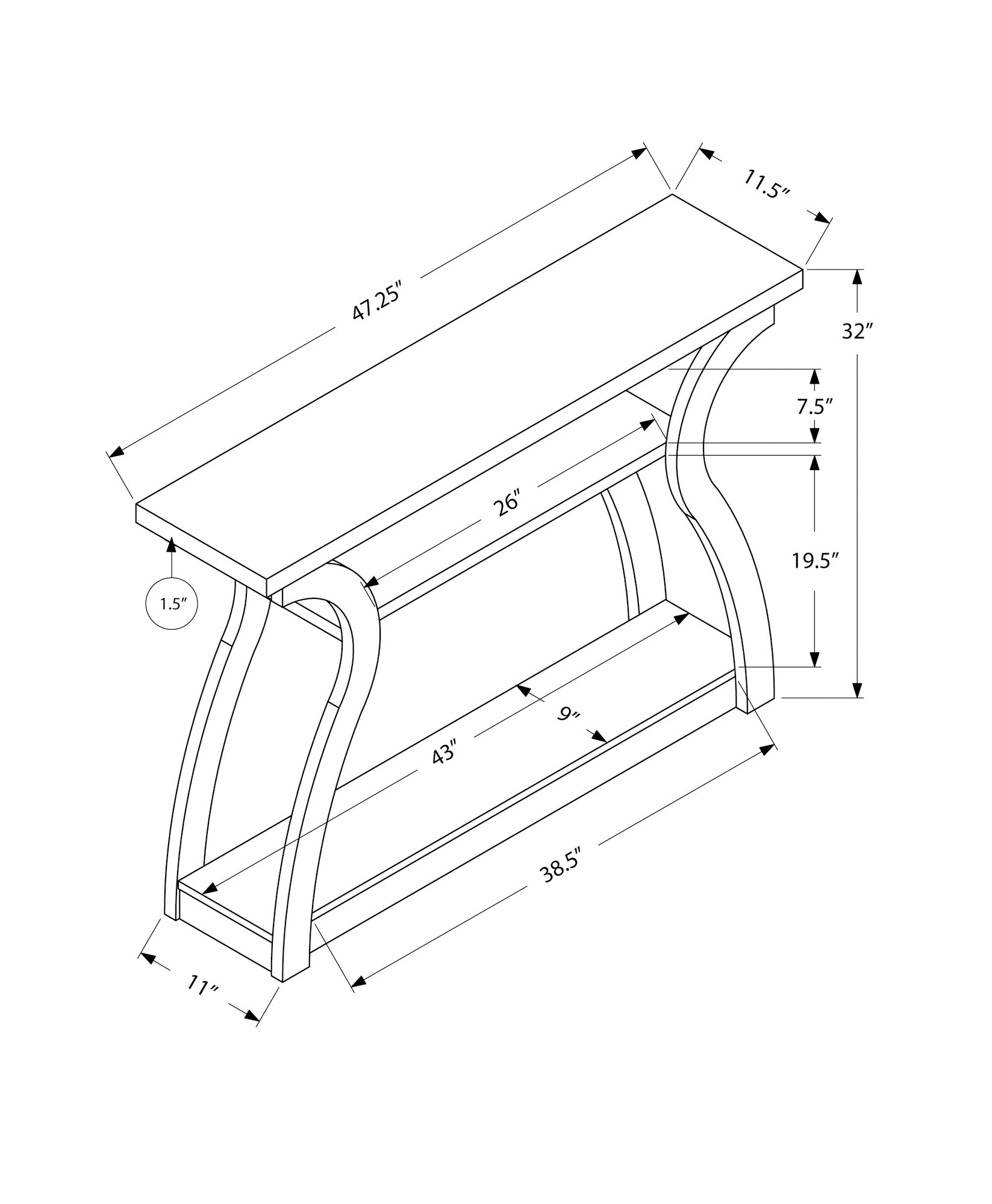 Blueprint of a wooden console table with curved legs  L x  W x  H