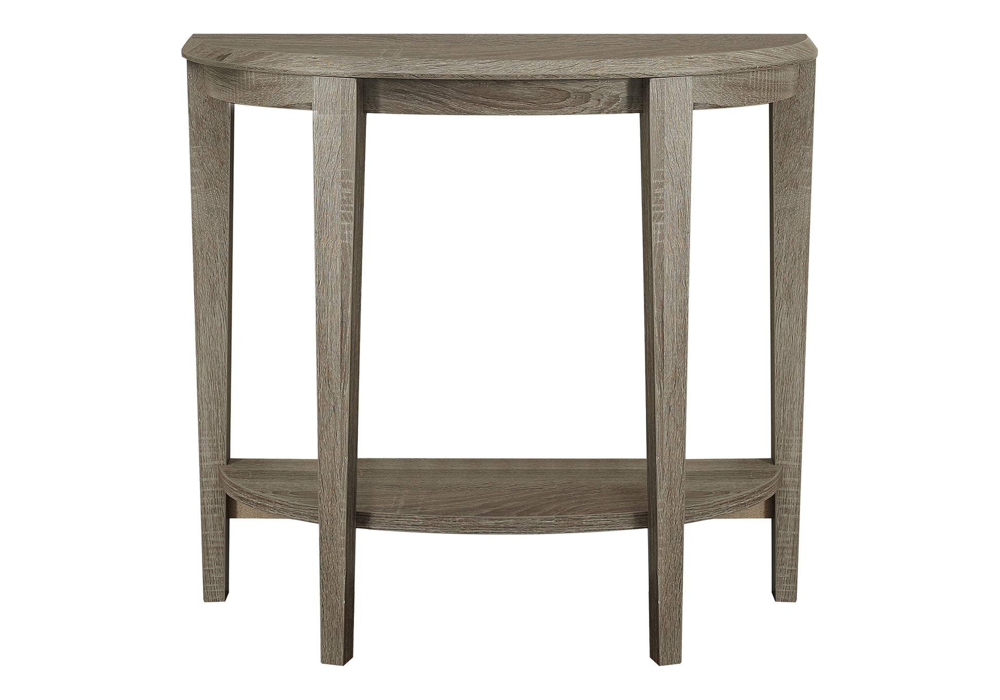 Rustic grey wood console table with arched top and lower shelf