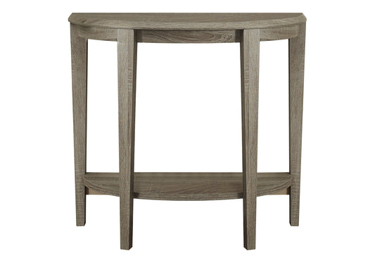 Rustic grey wood console table with arched top and lower shelf