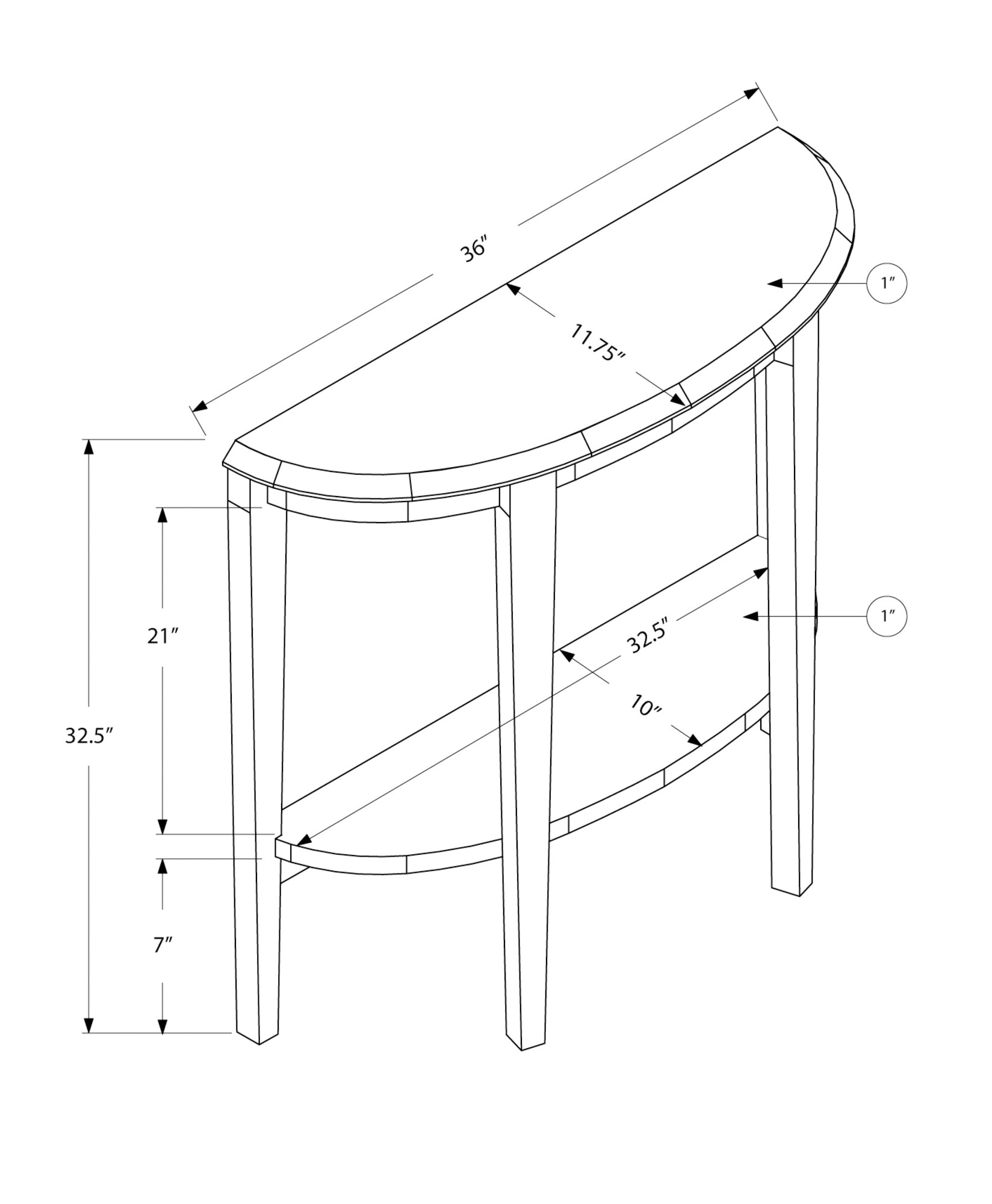 Line drawing of a  inch halfmoon console table with shelf and dimensions