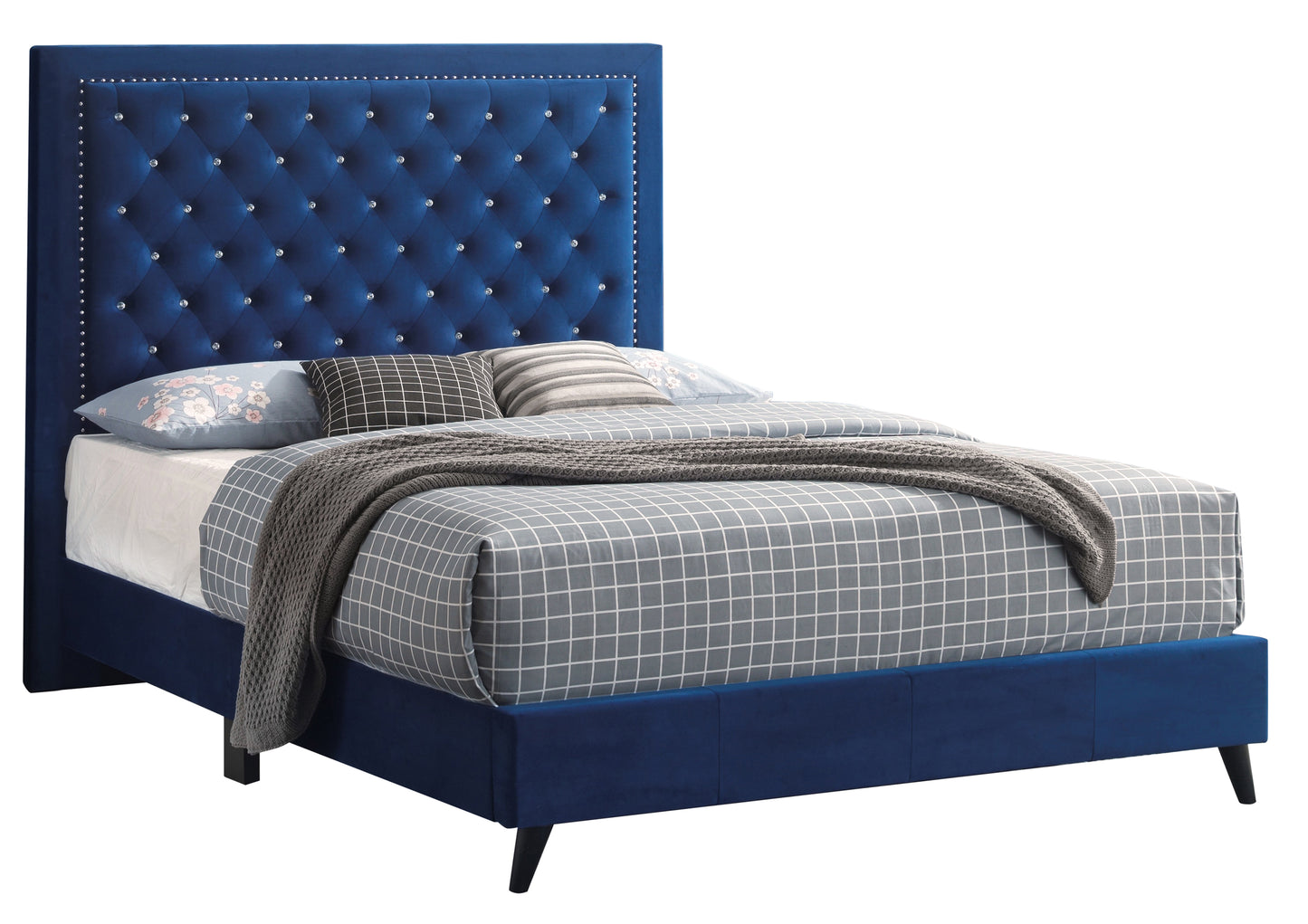 Deep blue velvet bed frame with diamond tufting and crystal buttons on headboard