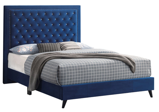 Deep blue velvet bed frame with diamond tufting and crystal buttons on headboard