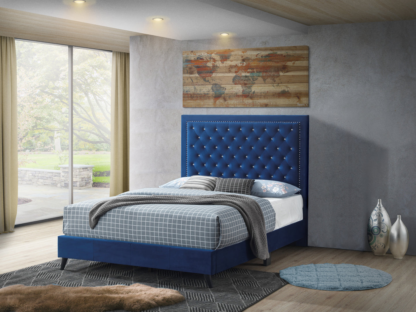 Deep blue velvet bed frame with crystal tufted headboard queen size