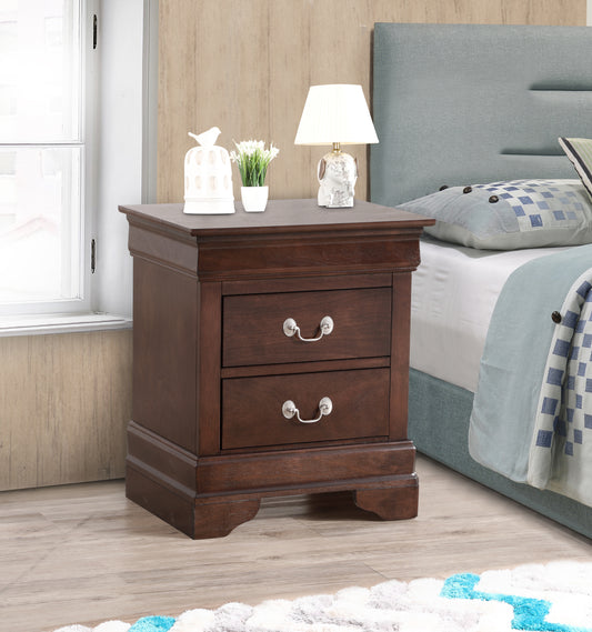 Dark wood bedside table with two drawers and ornate pulls ideal for bedroom storage
