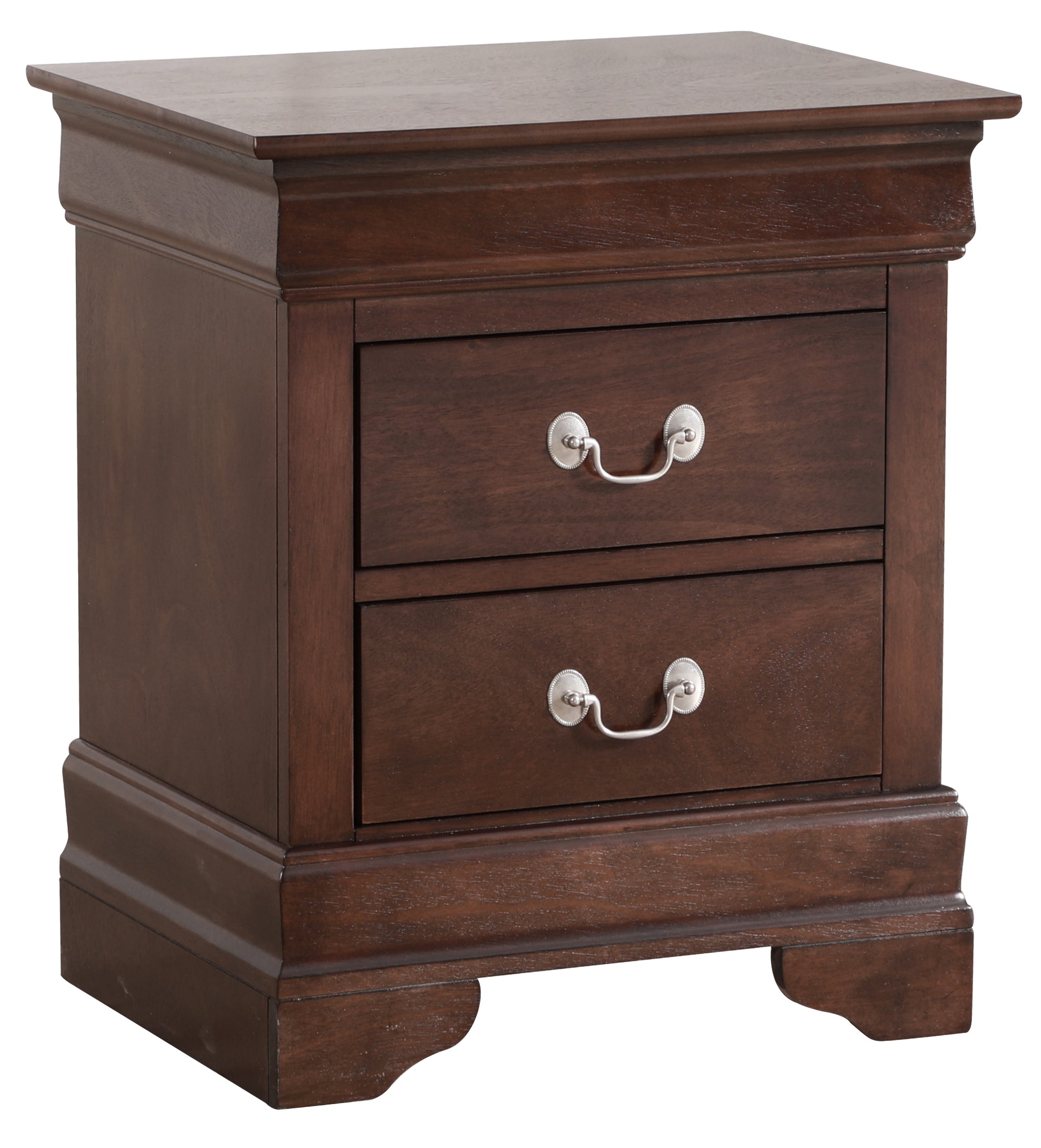 Dark brown wooden nightstand with two ornate drawers and silver pull handles