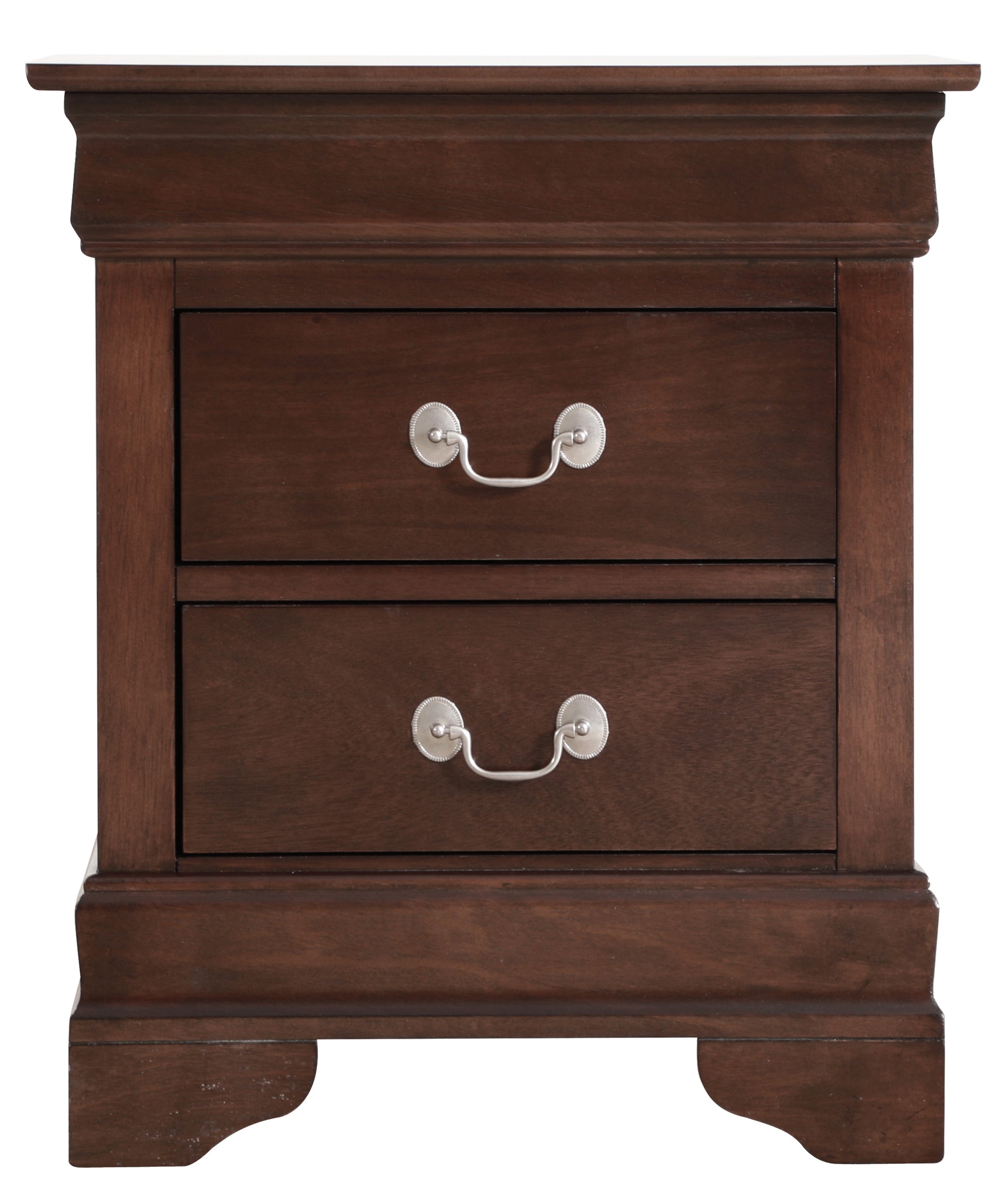 Dark brown wooden nightstand with two drawers featuring ornate silver pull handles