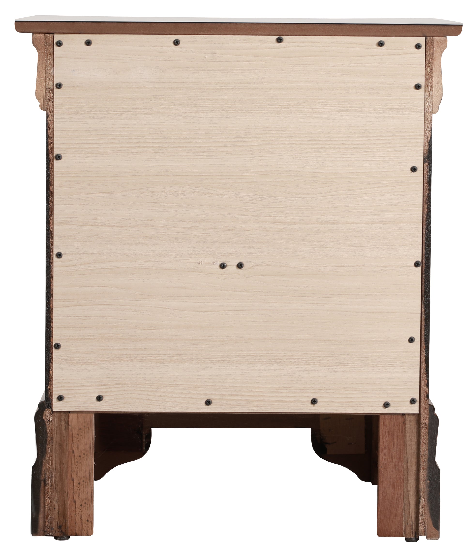 Back view of distressed wood nightstand with light oak paneling