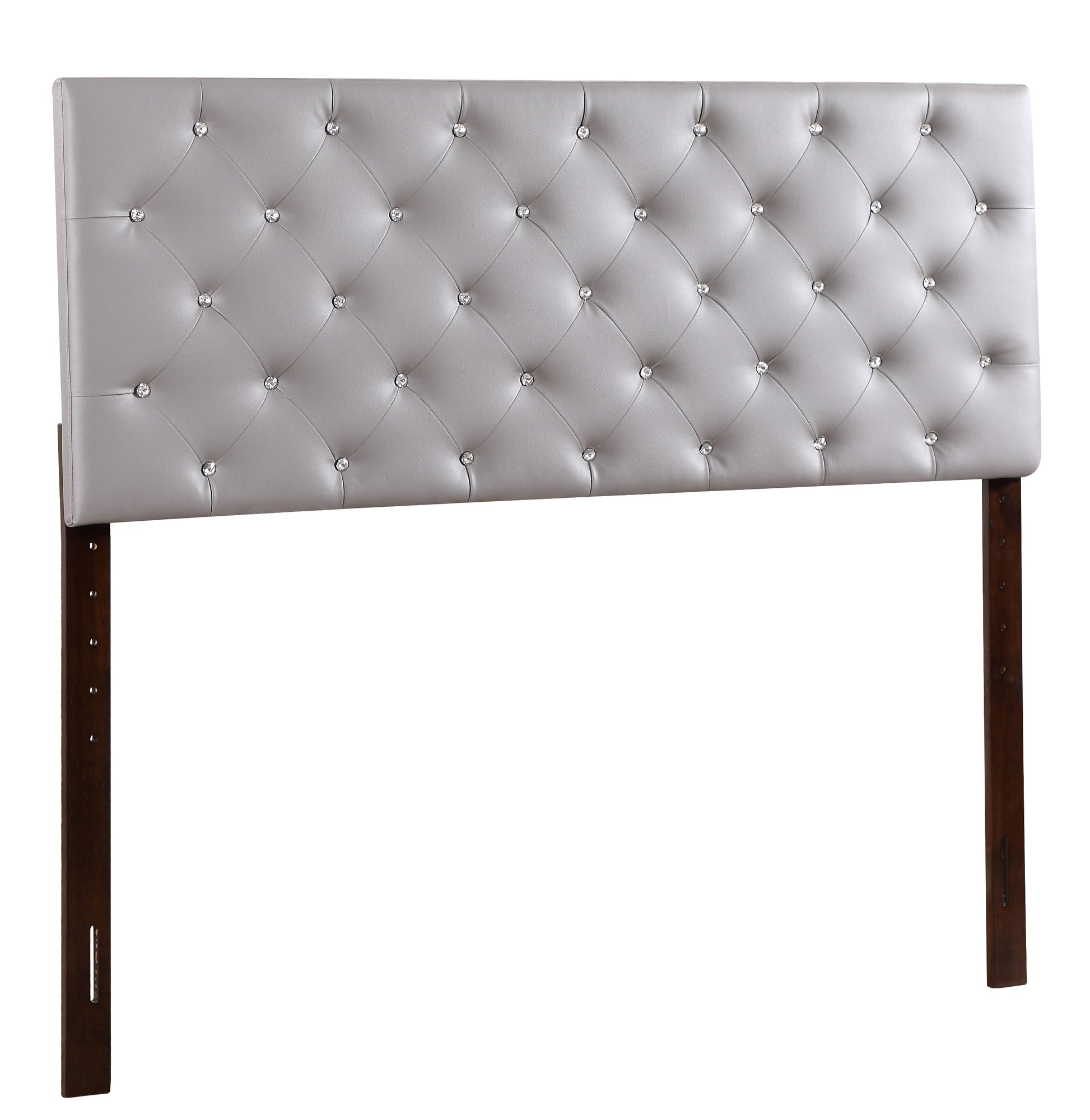 Light gray tufted faux leather headboard with crystal accents and dark wood posts