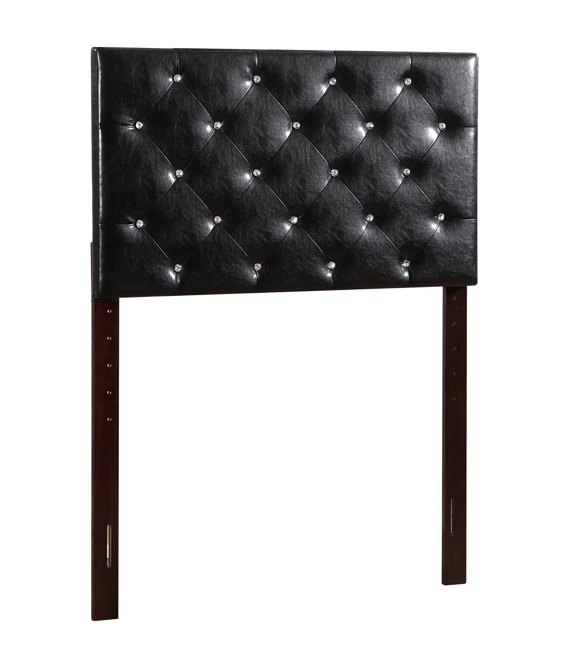 Black faux leather tufted headboard with crystal accents and dark wood legs