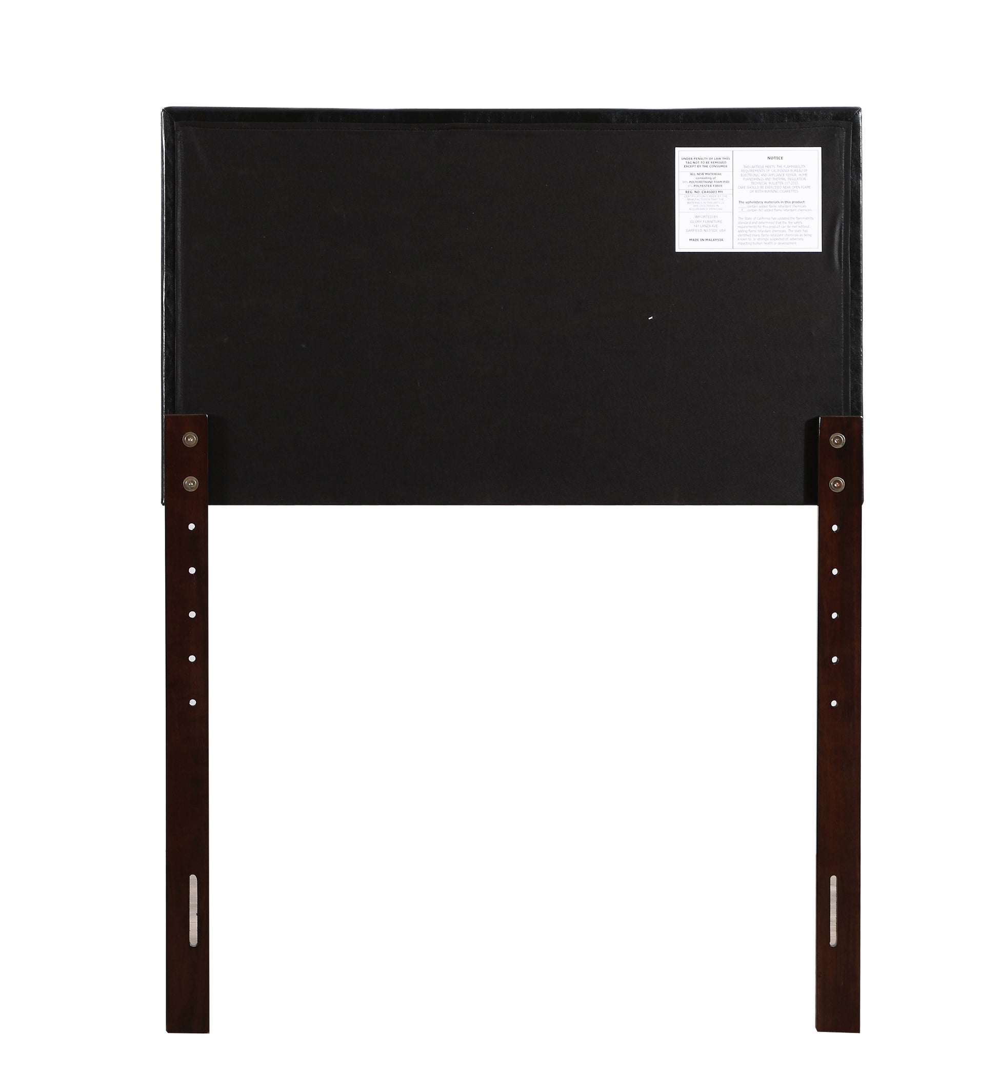Black upholstered headboard with dark wood legs and adjustable height slots