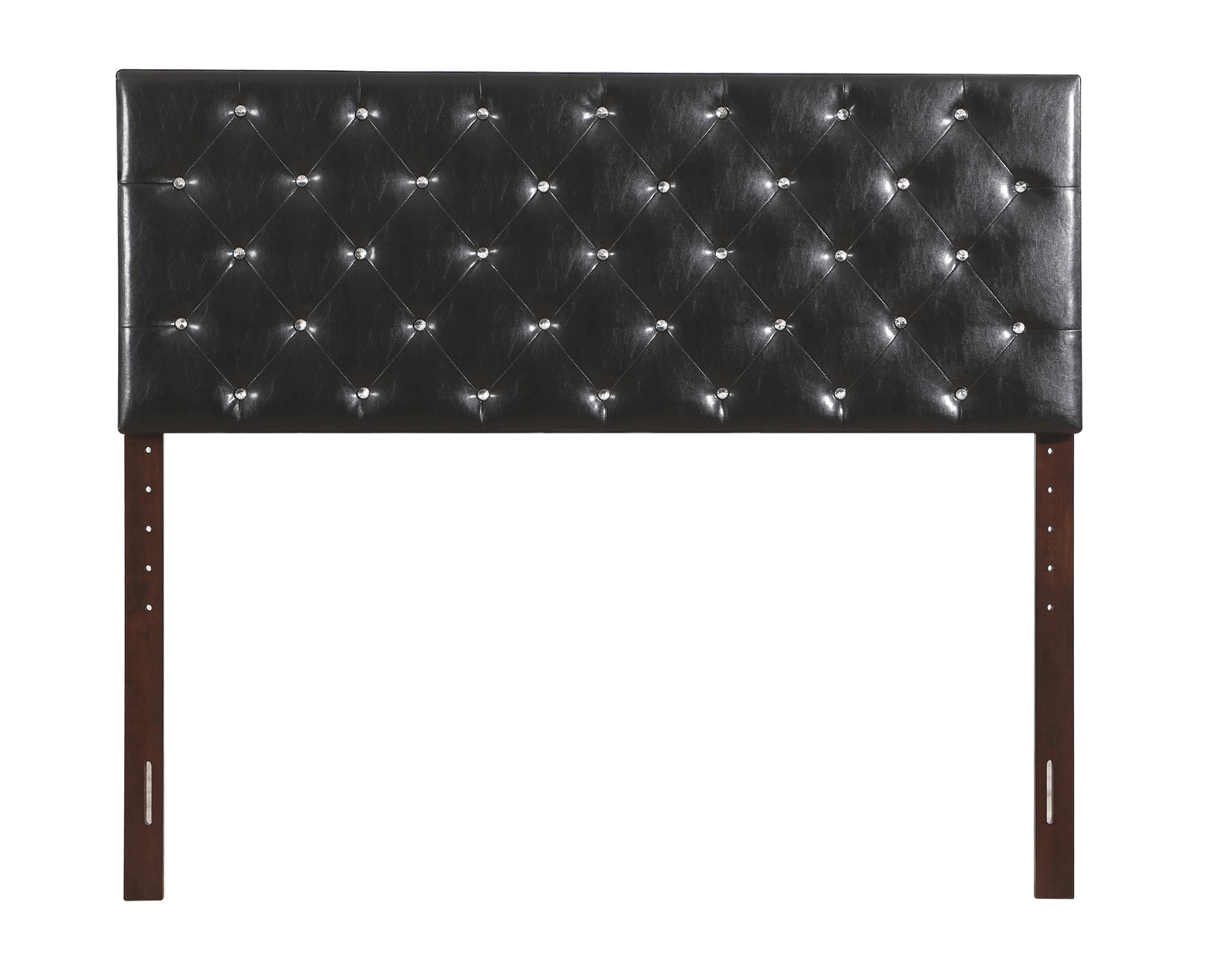 Black faux leather diamond tufted headboard with crystal accents and dark wood legs