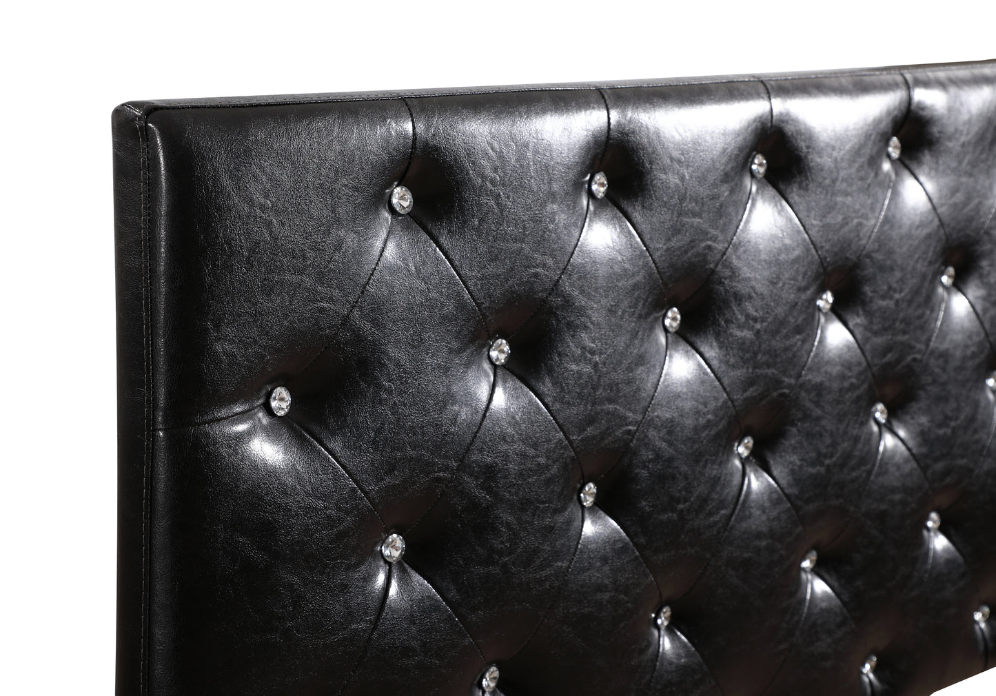 Black tufted faux leather headboard with crystal button accents for a luxurious bedroom