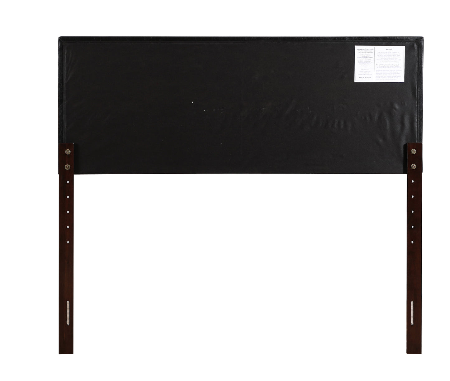 Black fabric upholstered headboard with dark wood legs and hardware