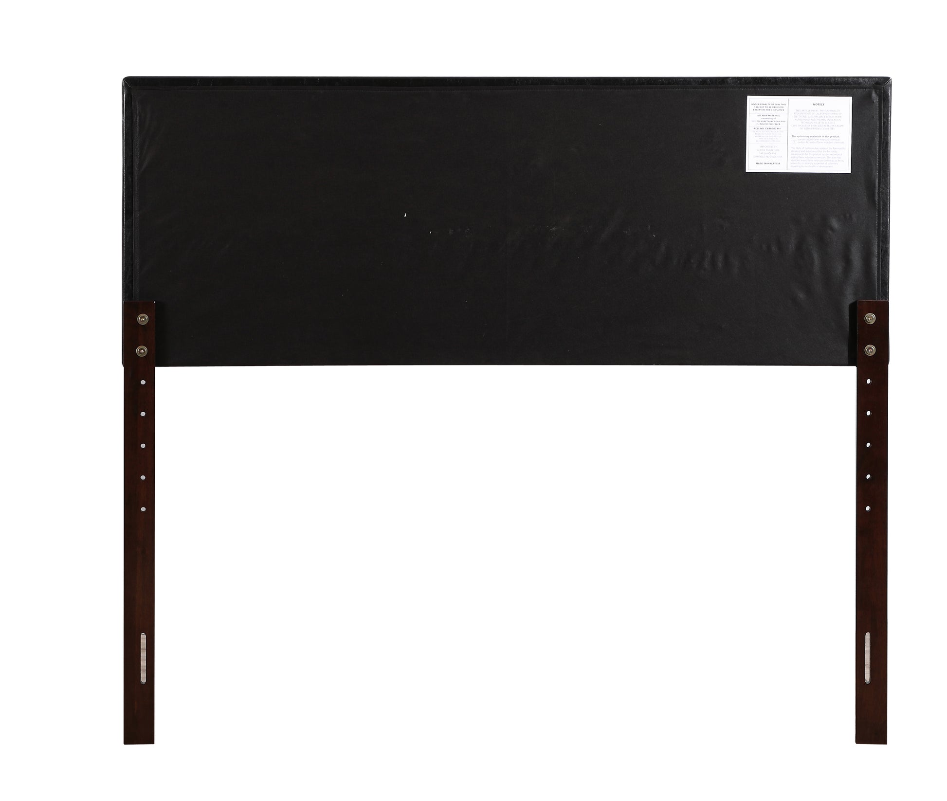 Black fabric upholstered headboard with dark wood legs and hardware