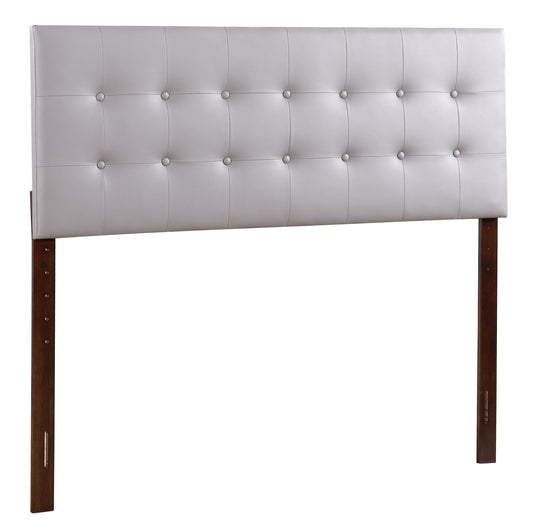 Tufted light grey faux leather headboard with dark wood legs for a modern bedroom
