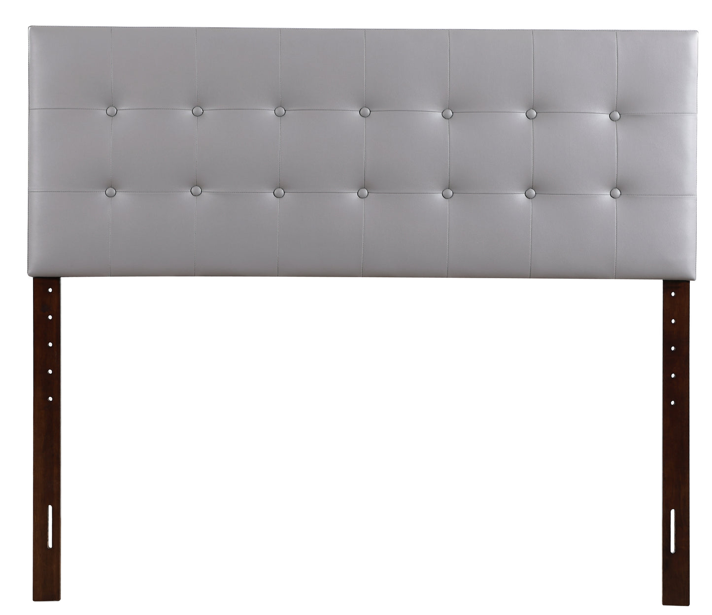 Tufted grey faux leather headboard with dark wood legs and adjustable height options
