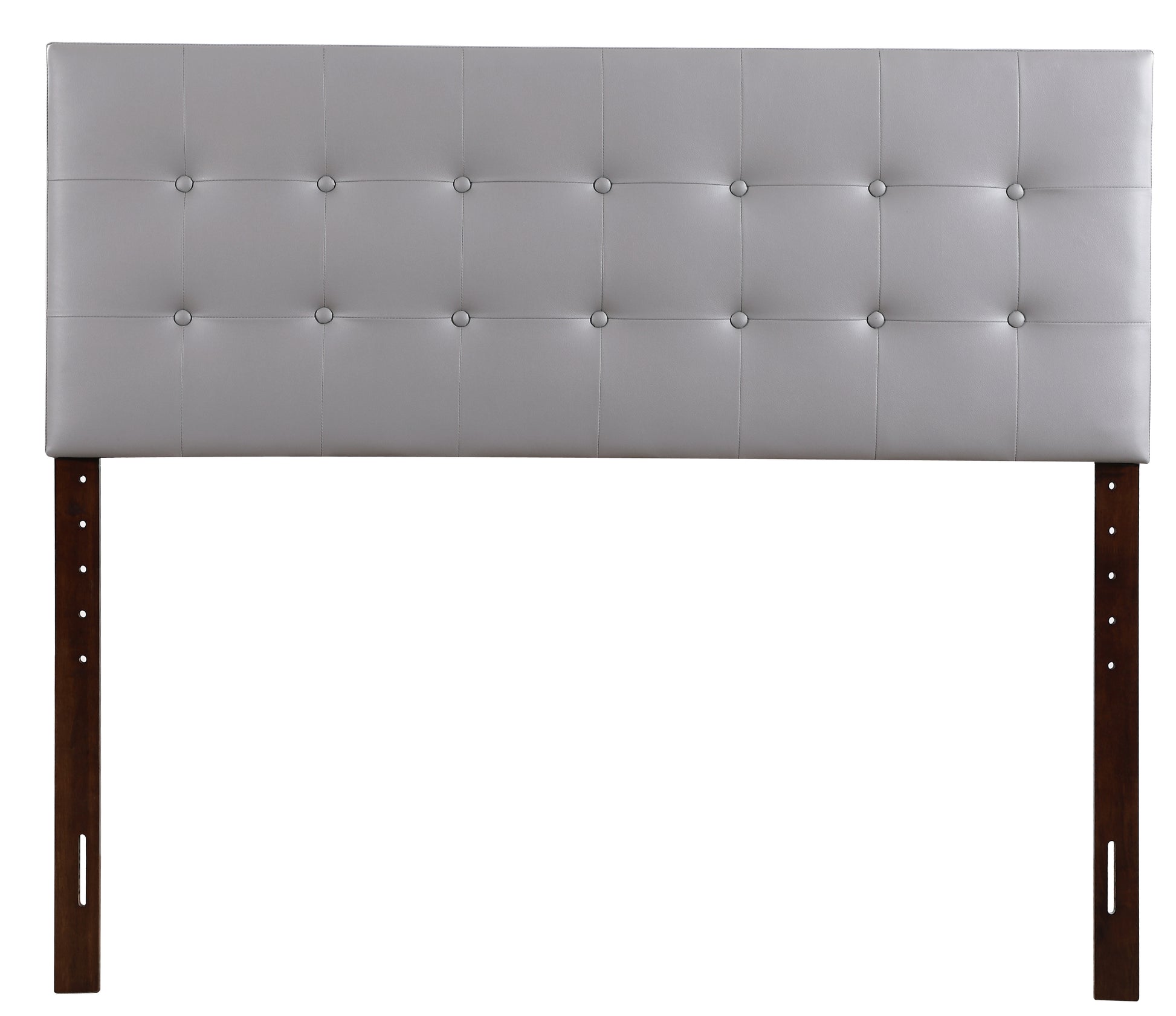 Tufted grey faux leather headboard with dark wood legs and adjustable height options