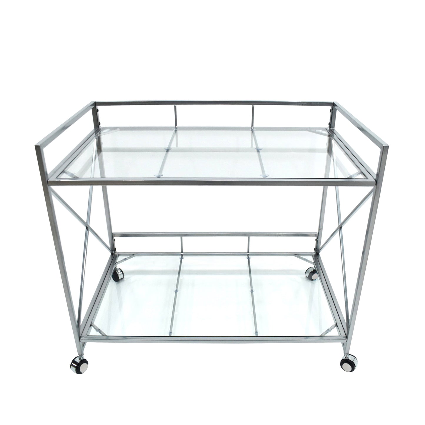 Modern metal and glass bar cart with two shelves and wheels