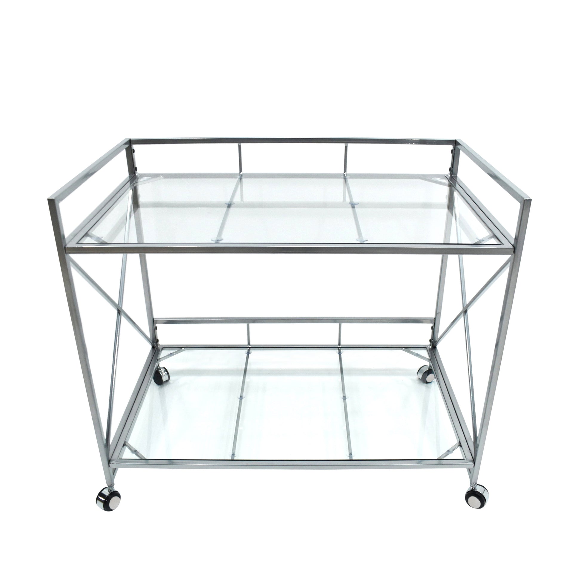 Modern metal and glass bar cart with two shelves and wheels