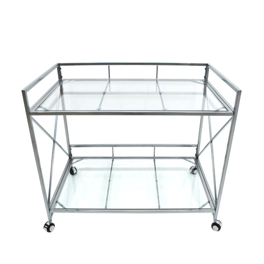 Modern metal and glass bar cart with two shelves and wheels